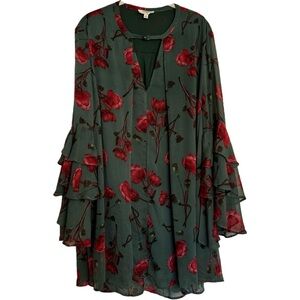 UMGEE Dress Size M Floral Bell Flutter Sleeve Tunic Mini Green Red Poppy